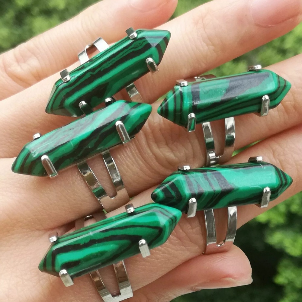 Malachite Stone Hexagon Adjustable silver Finger Ring